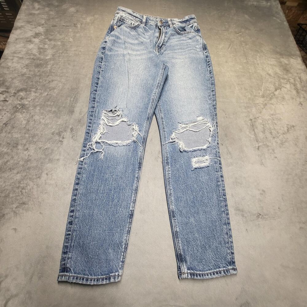 American Eagle Jeans Womens 2 Blue Mom High Rise Light Wash Distressed Stretch